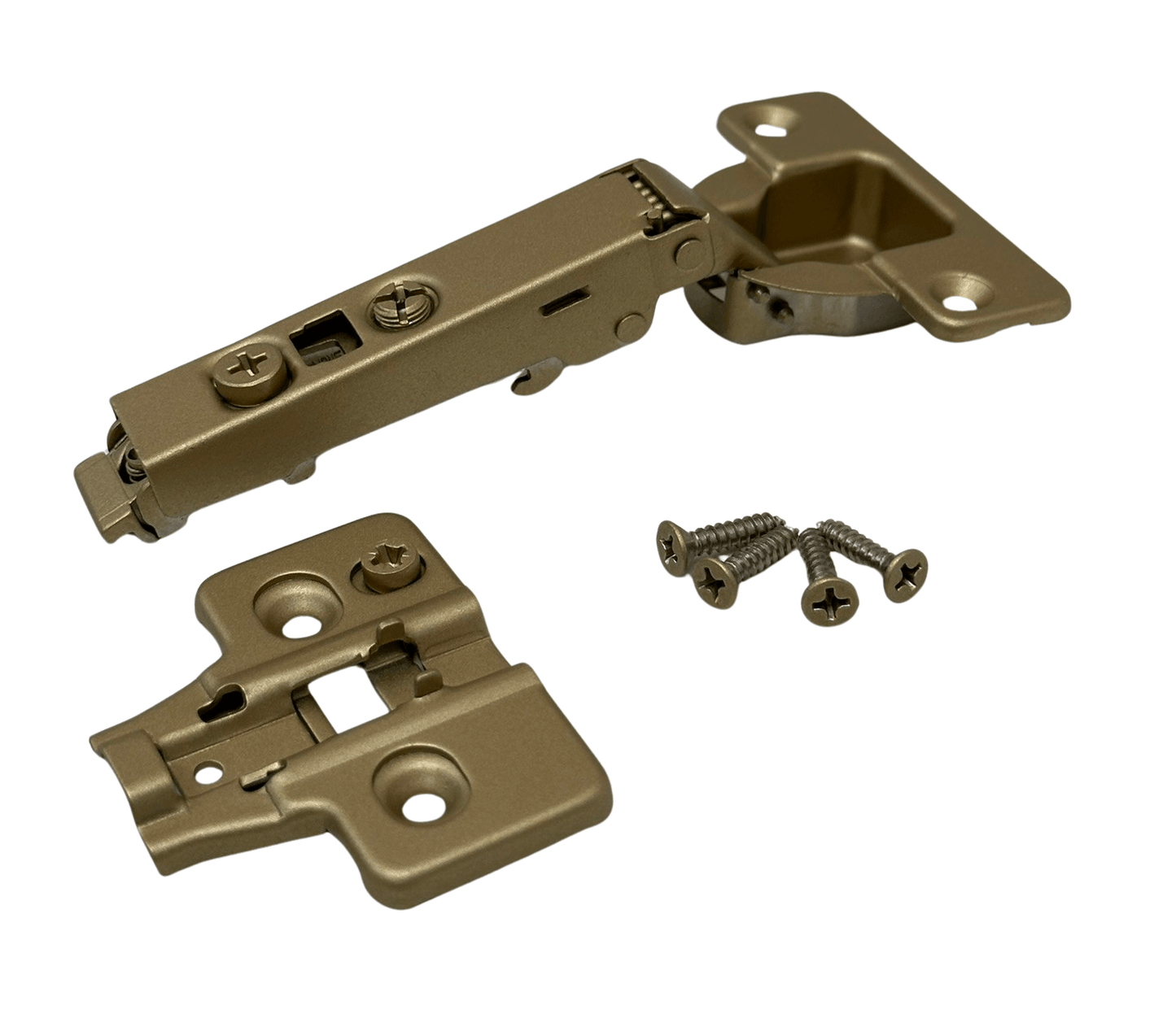 European Concealed Cabinet Door Hinge Matte Gold Kit 105° Frameless Soft Close Clip On 3D Mounting Plate and Screws - Solua Inc