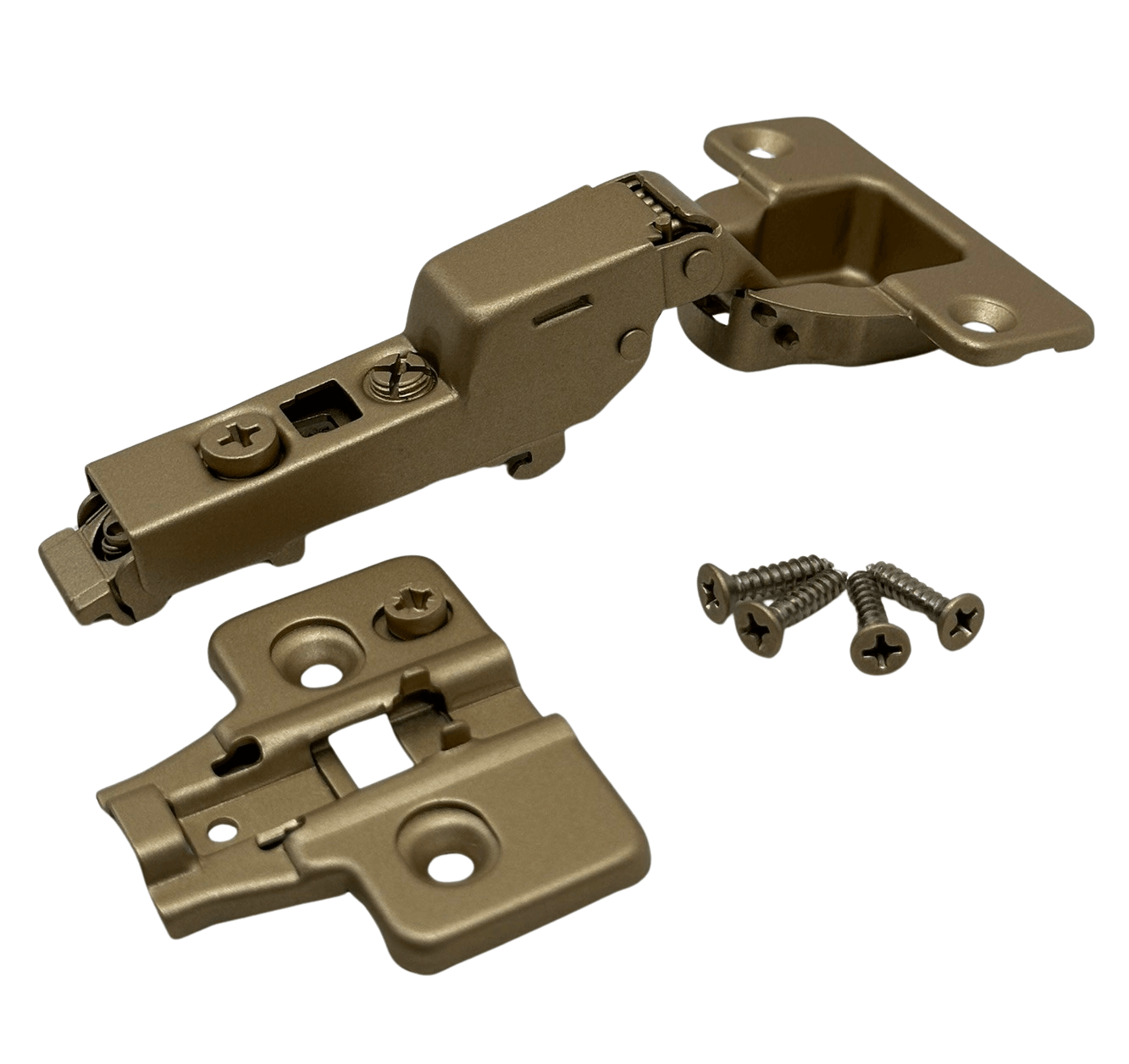 European Concealed Cabinet Door Hinge Matte Gold Kit 105° Frameless Soft Close Clip On 3D Mounting Plate and Screws - Solua Inc