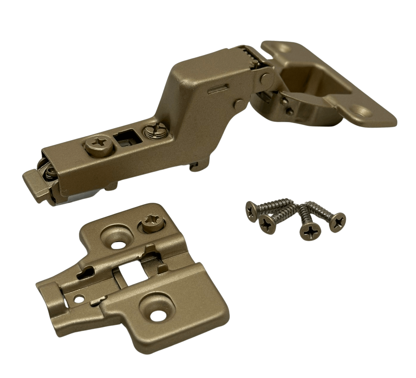 European Concealed Cabinet Door Hinge Matte Gold Kit 105° Frameless Soft Close Clip On 3D Mounting Plate and Screws - Solua Inc