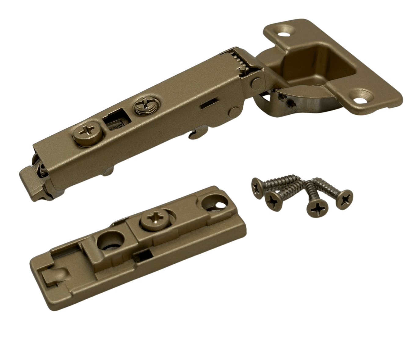 European Concealed Cabinet Door Hinge Matte Gold Kit 105° Frameless Soft Close Clip On 3D Mounting Plate and Screws - Solua Inc