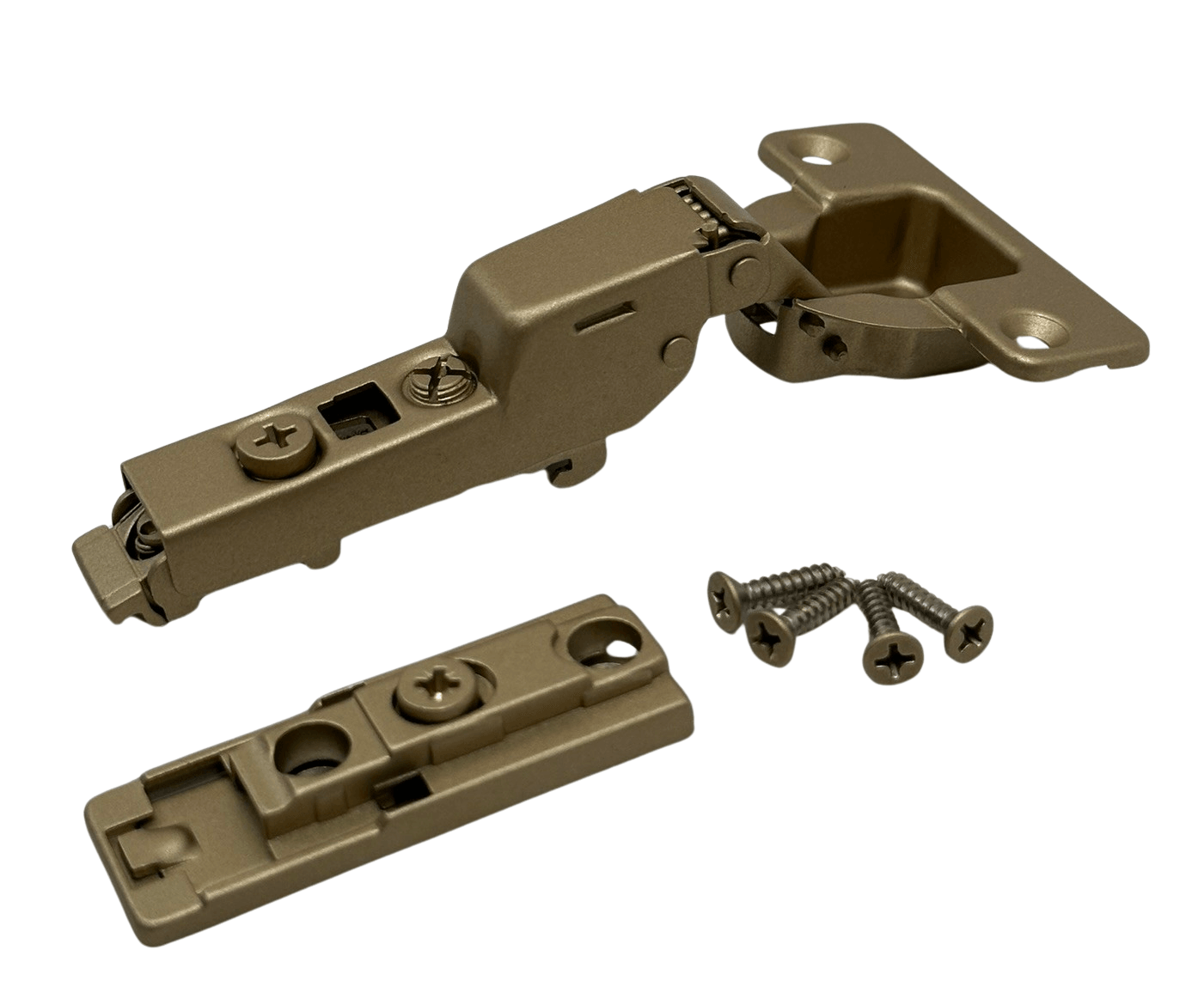 European Concealed Cabinet Door Hinge Matte Gold Kit 105° Frameless Soft Close Clip On 3D Mounting Plate and Screws - Solua Inc