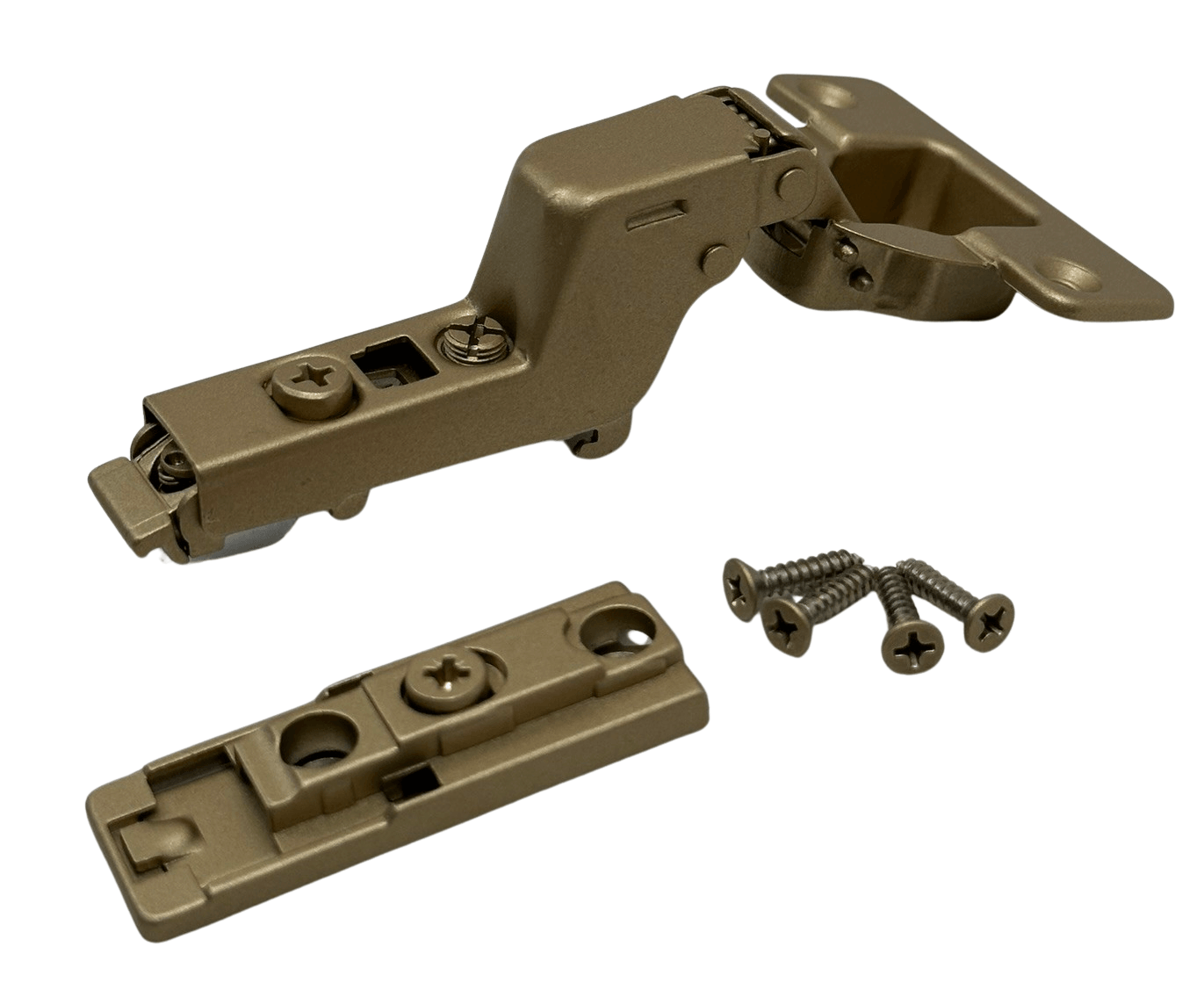 European Concealed Cabinet Door Hinge Matte Gold Kit 105° Frameless Soft Close Clip On 3D Mounting Plate and Screws - Solua Inc